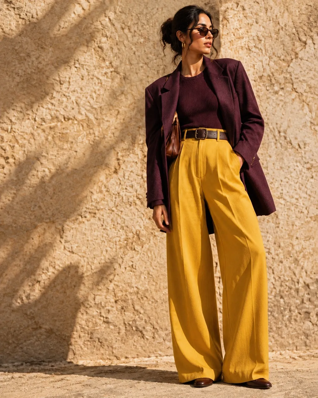 A model in a plum blazer and mustard trousers against a sunlit sandstone wall