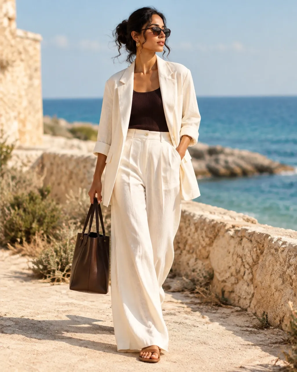 Relaxed ivory linen outfit beside the sea