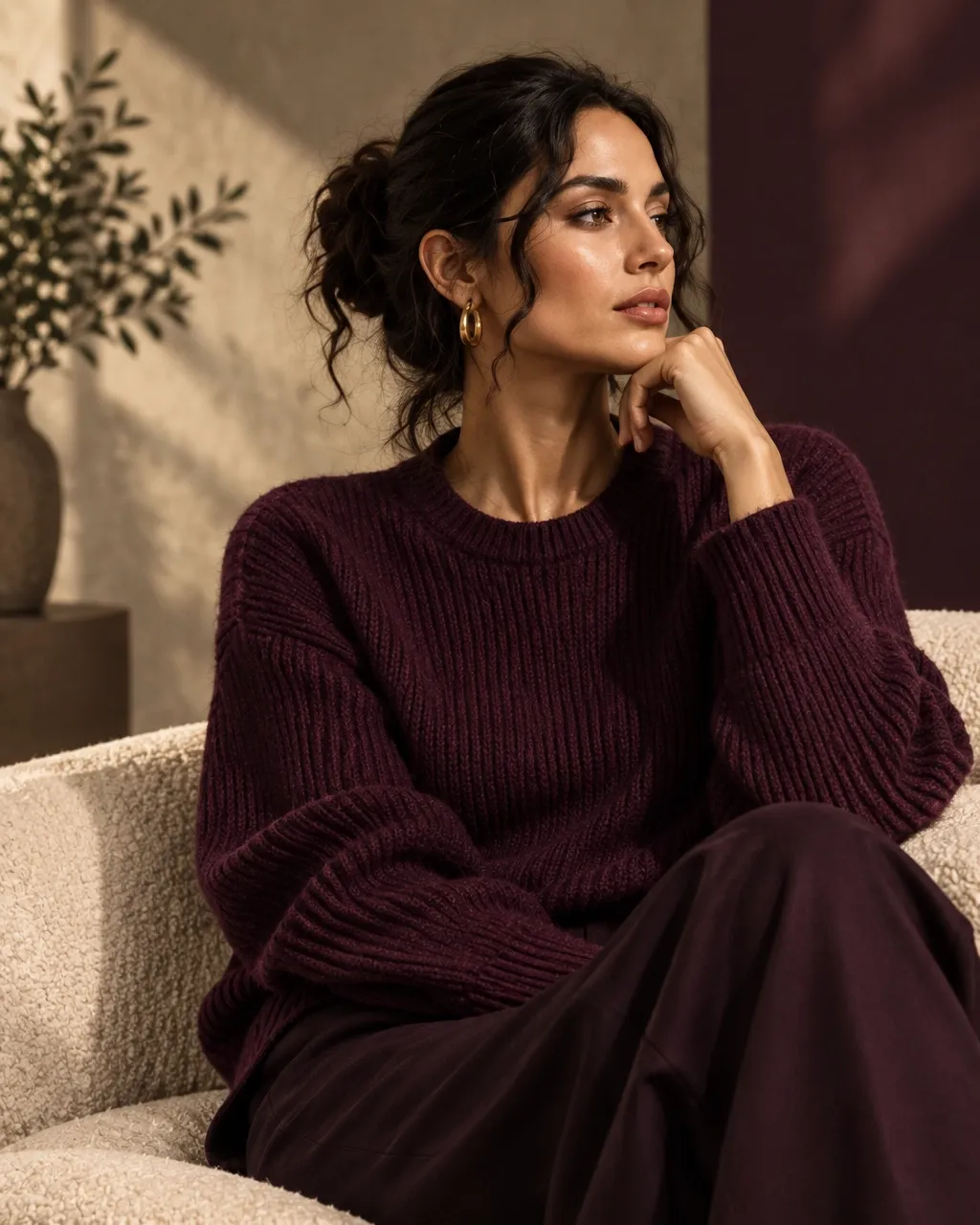 A deep plum knit look in soft evening light